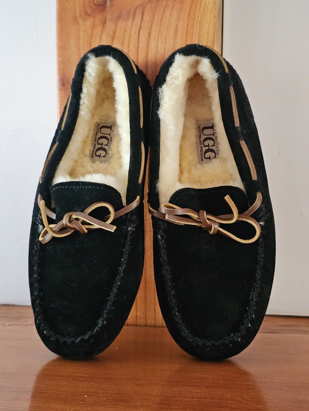 UGG Women’s Black Suede Shearling-Lined Moccasin Loafers with Tan Lace